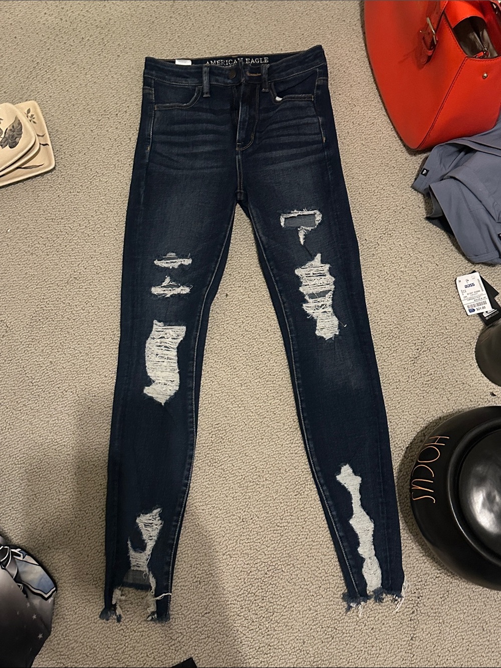 American Eagle Outfitters Dark Blue Distressed Super Hi-Rise Jegging Womens 2R